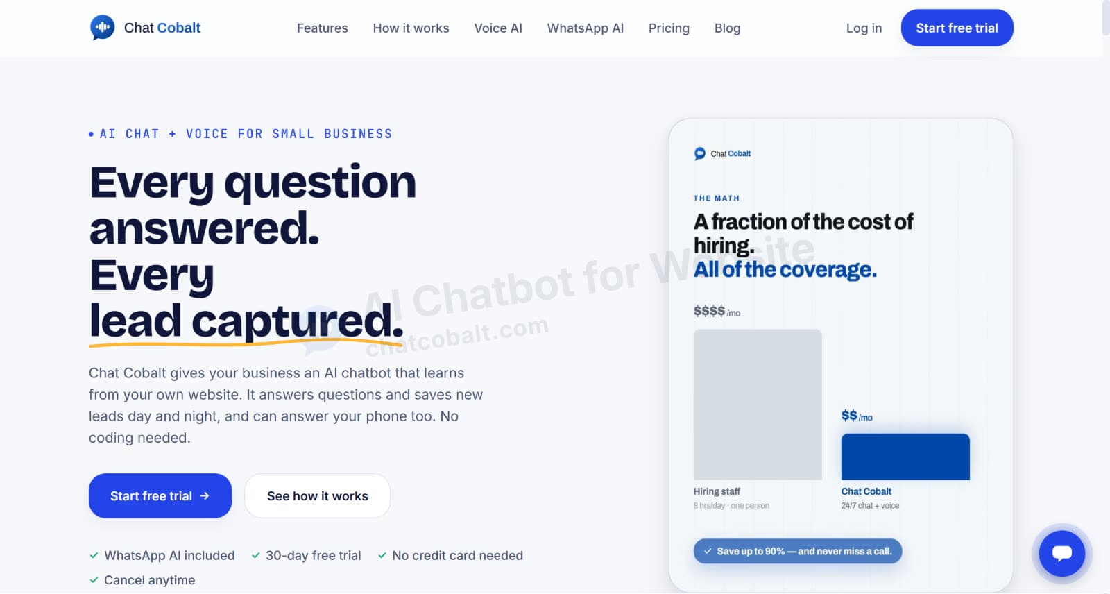 Chat Cobalt homepage with the Start free trial button for an AI chatbot for your website