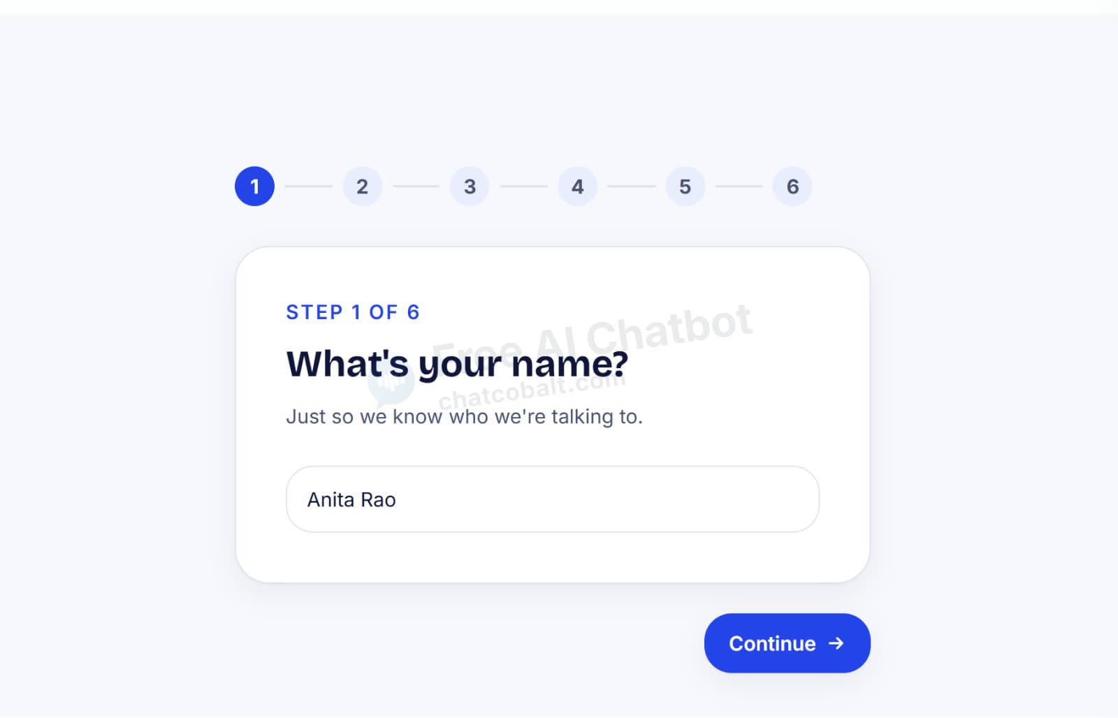 Chat Cobalt sign-up step 1 of 6: what's your name