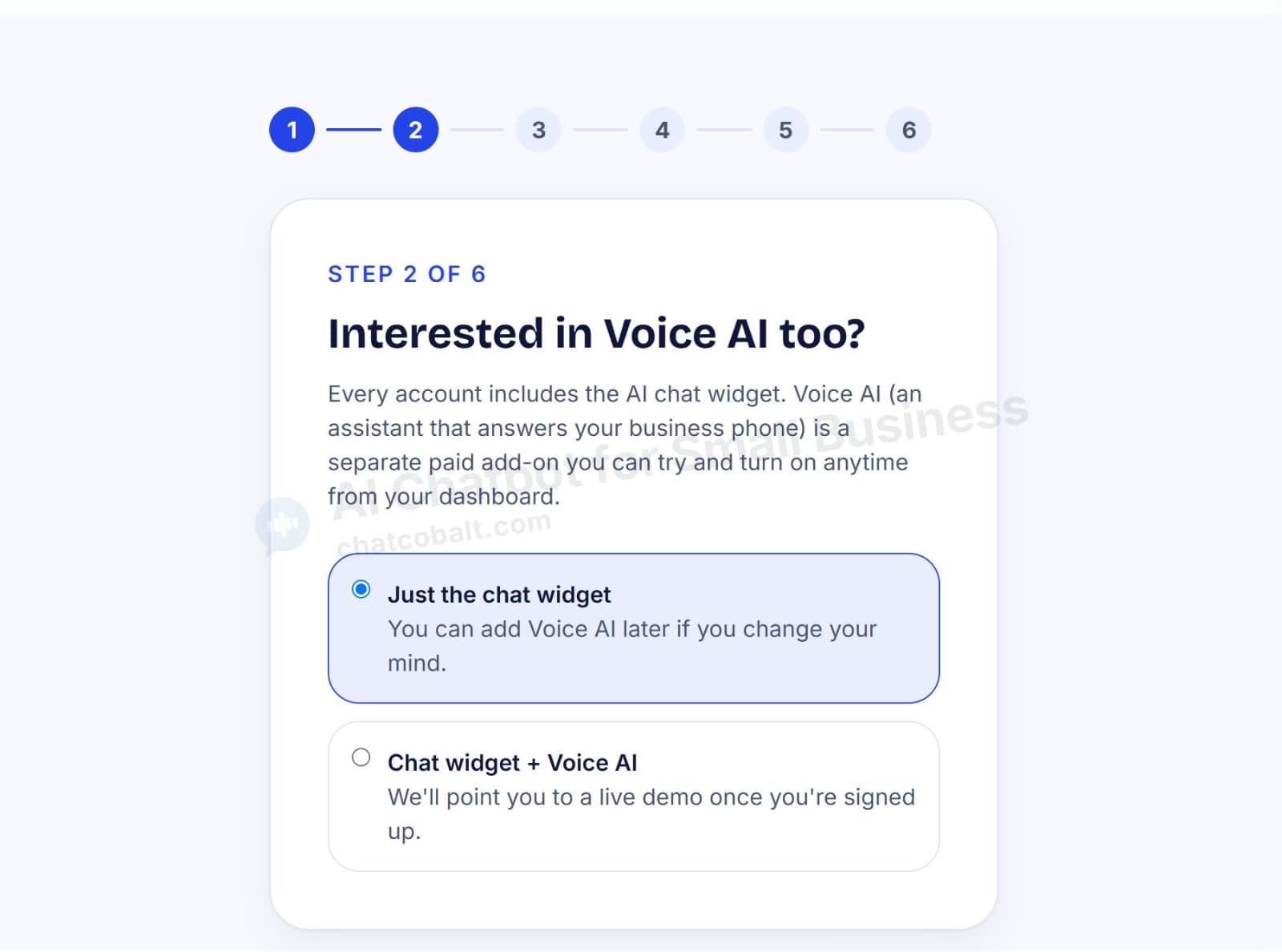 Chat Cobalt sign-up step 2: choose just the AI chat widget or chat plus Voice AI
