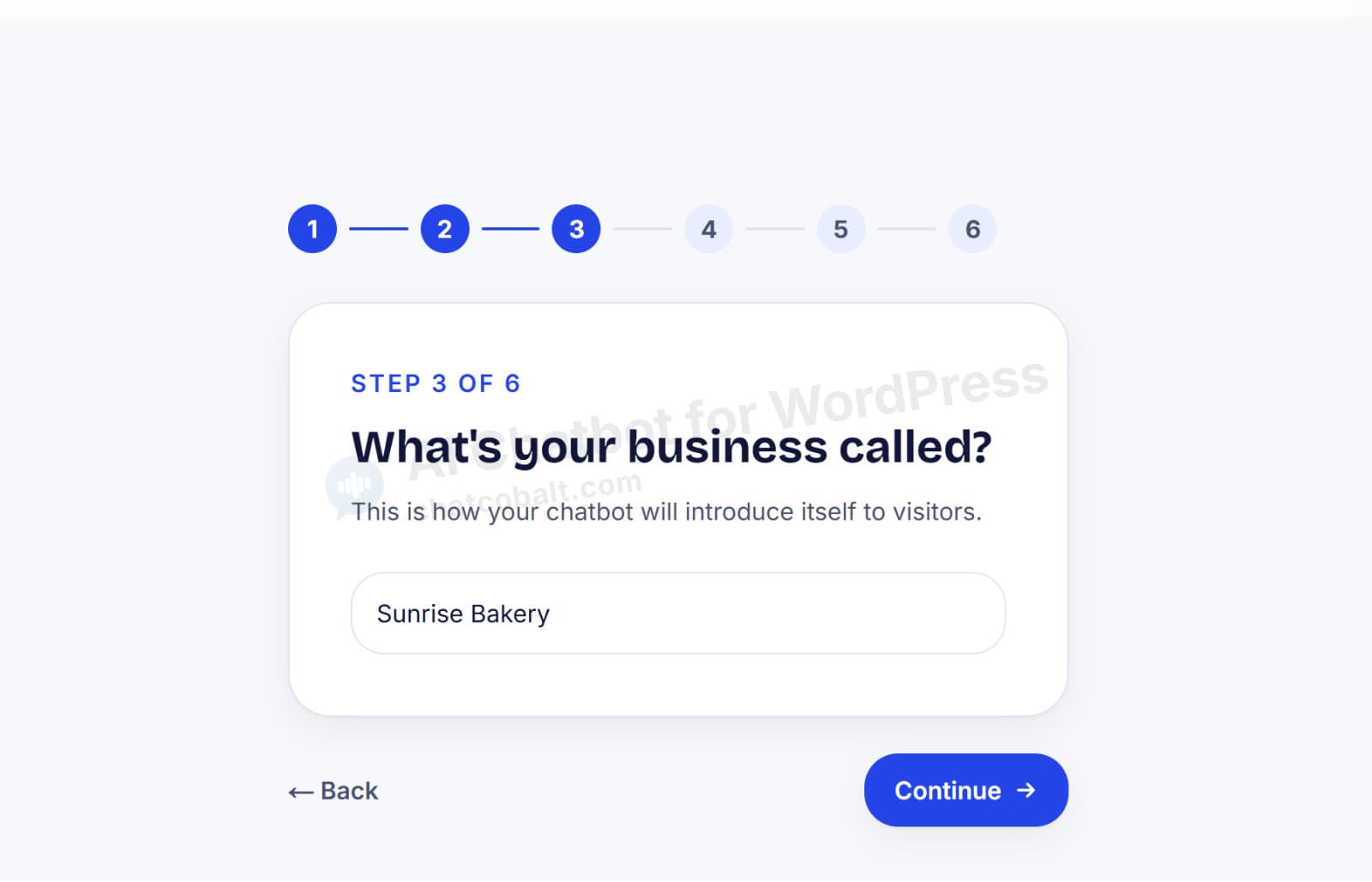 Chat Cobalt sign-up step 3: what's your business called