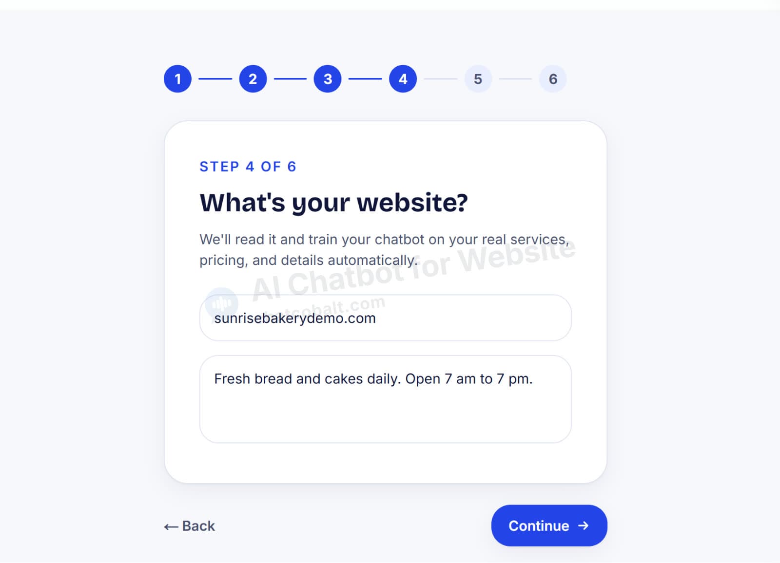 Chat Cobalt sign-up step 4: enter your website so the AI chatbot learns your business