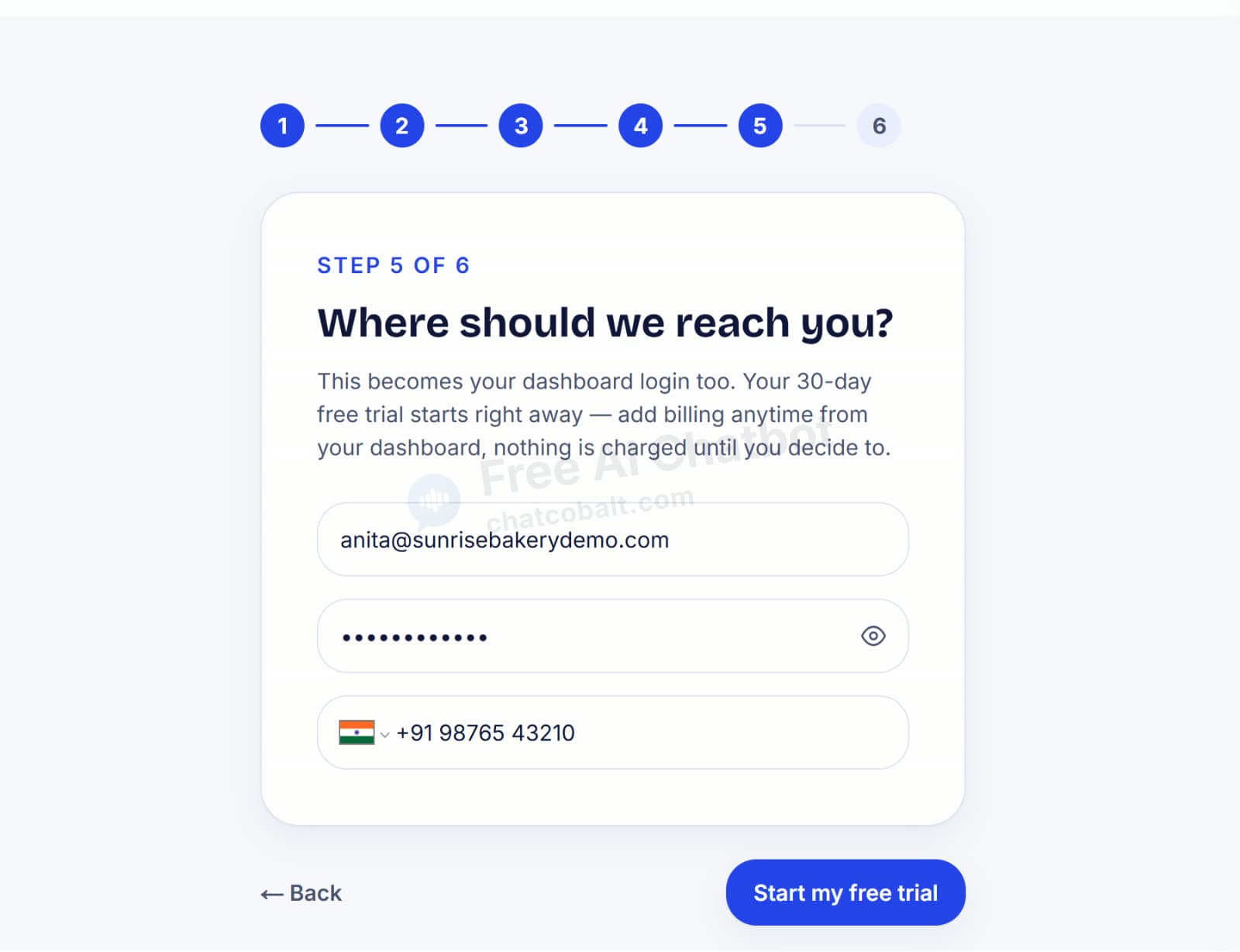 Chat Cobalt sign-up step 5: email, password and phone number to start the free trial