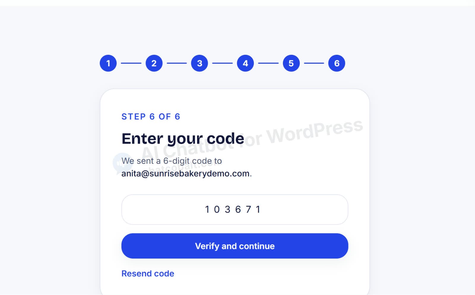 Chat Cobalt sign-up step 6: enter the 6-digit verification code from your email