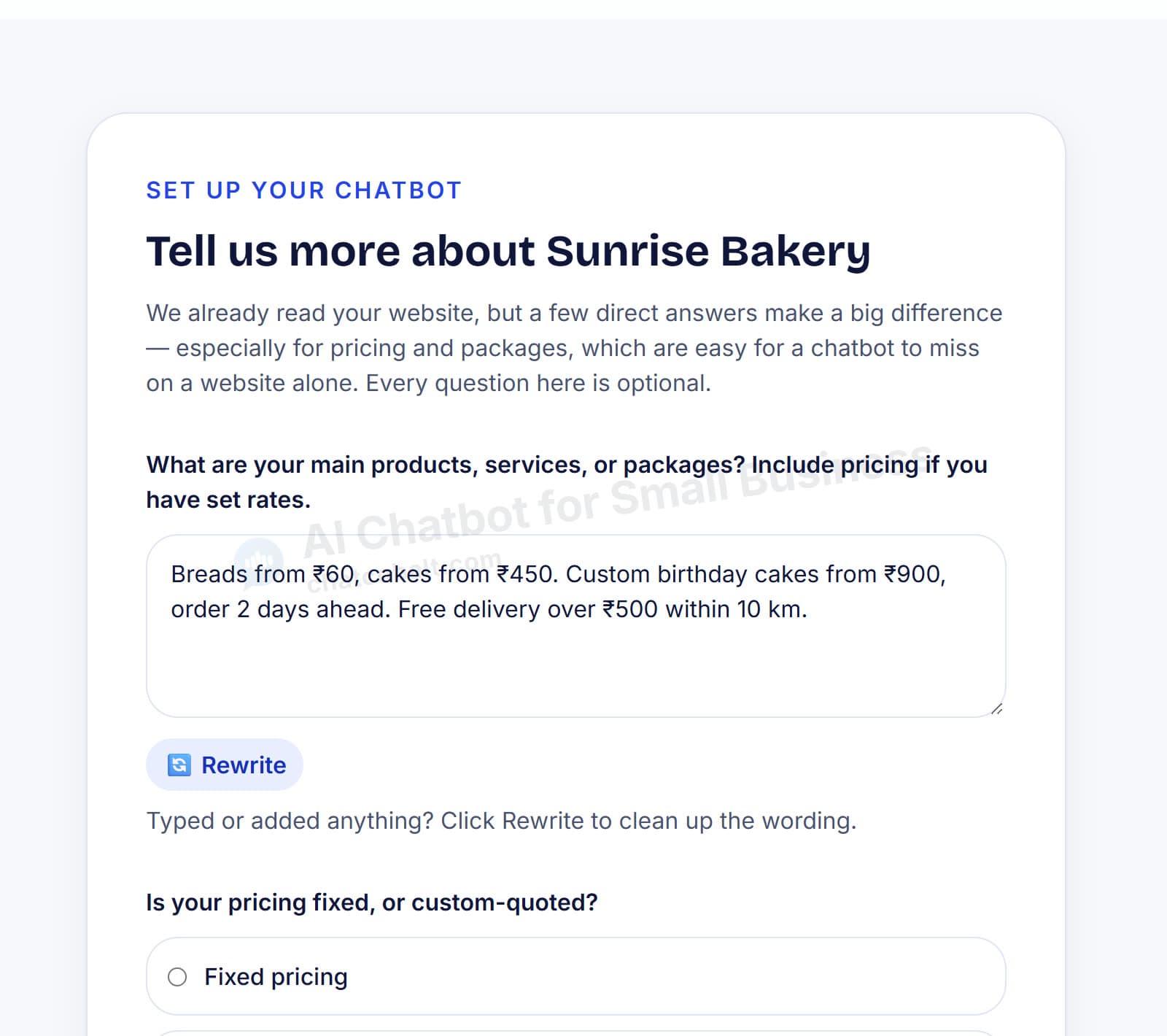 Tell the AI chatbot about your products and prices during Chat Cobalt onboarding