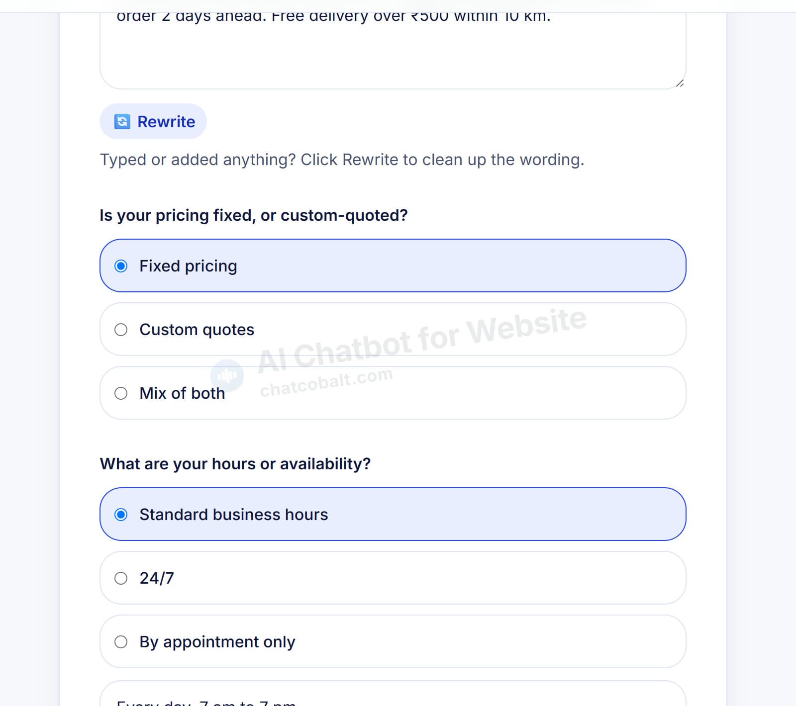 Choose fixed pricing and standard business hours for your AI chatbot