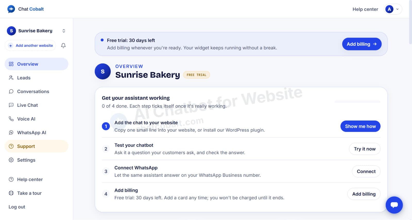 Chat Cobalt dashboard setup checklist: add the chat to your website