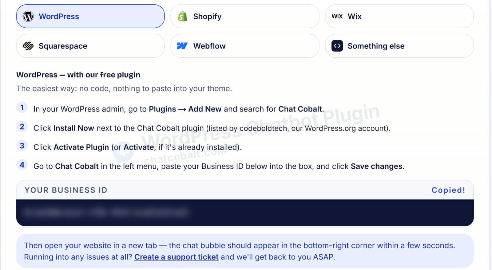 Choose WordPress and copy your Chat Cobalt Business ID for the WordPress chatbot plugin
