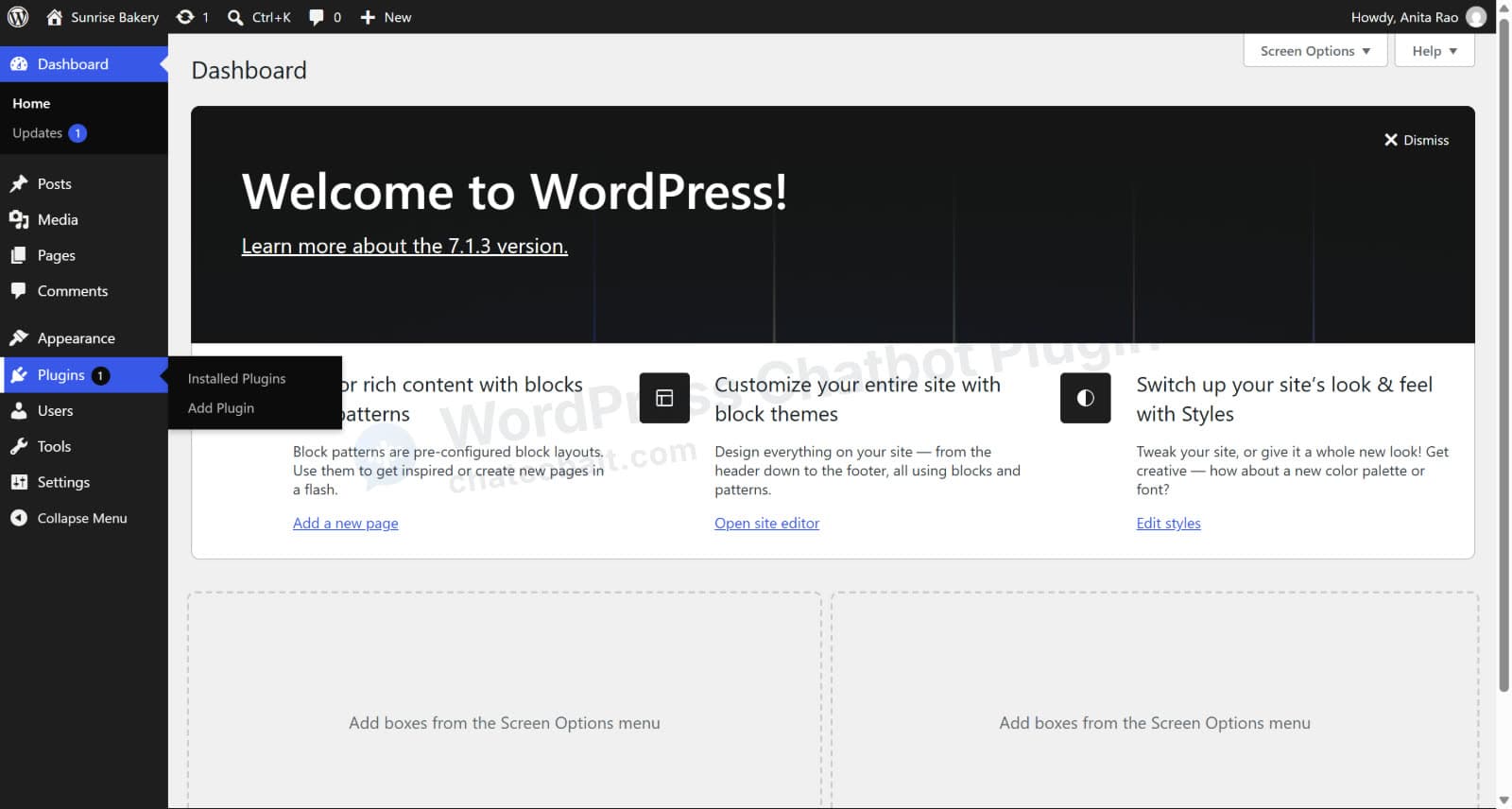 WordPress admin menu: Plugins, Add Plugin