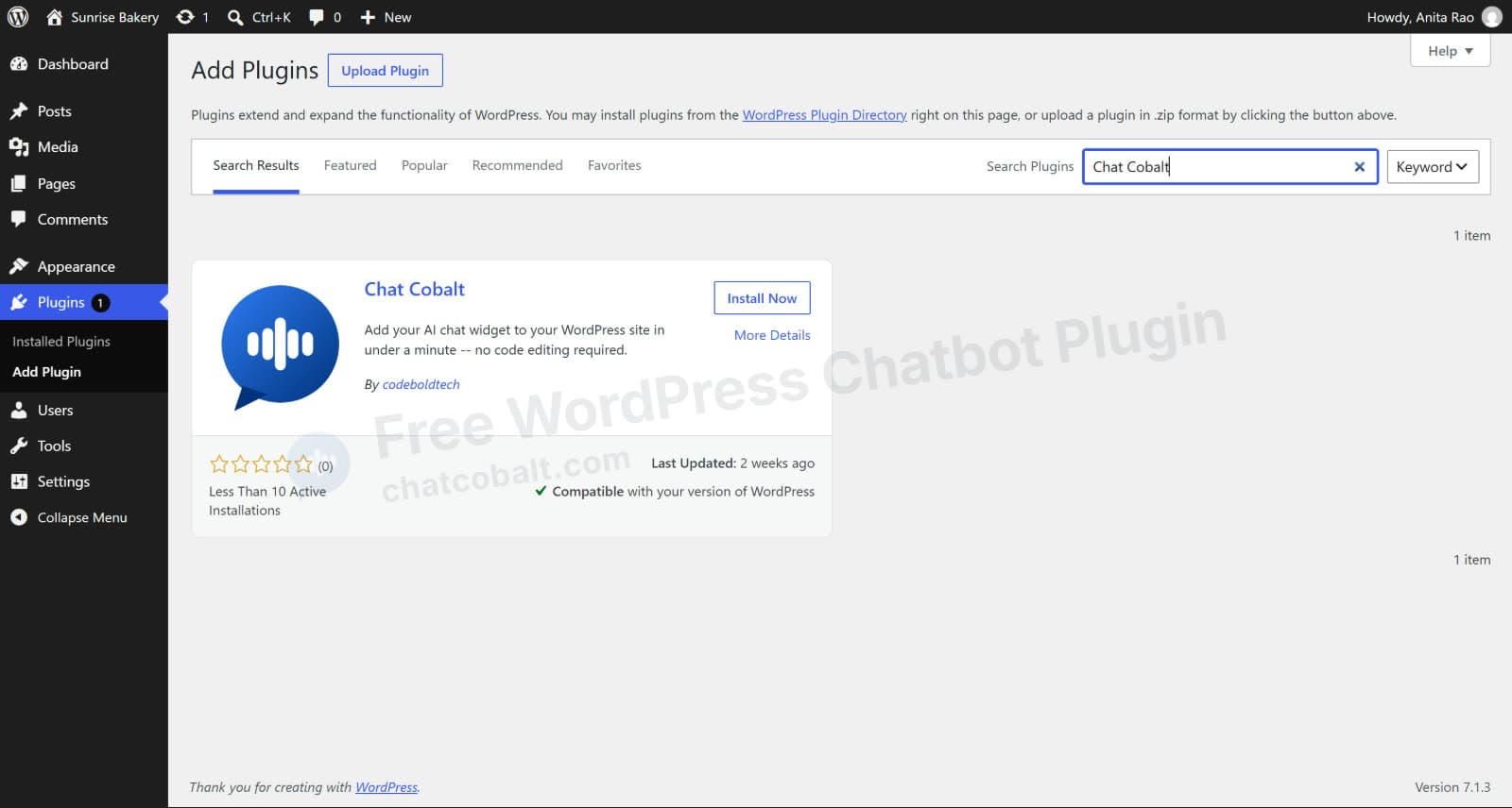 Search the WordPress plugin directory for Chat Cobalt, the free AI chatbot plugin, and click Install Now