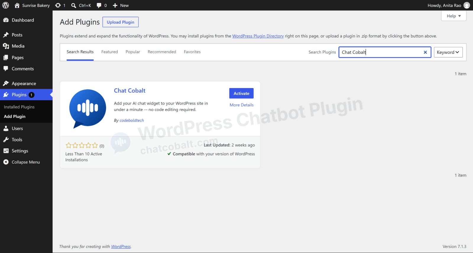 Activate the Chat Cobalt WordPress chatbot plugin