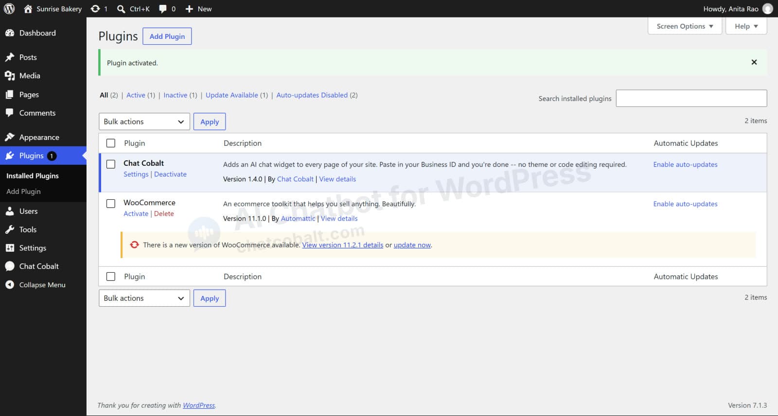 Chat Cobalt in the WordPress admin left menu after activating the plugin