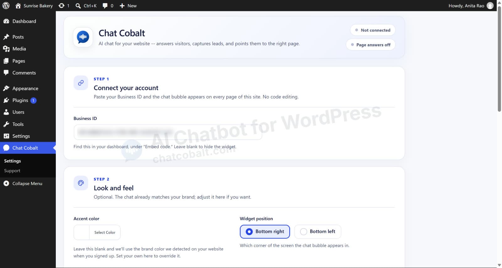 Paste your Business ID into the Chat Cobalt plugin settings in WordPress