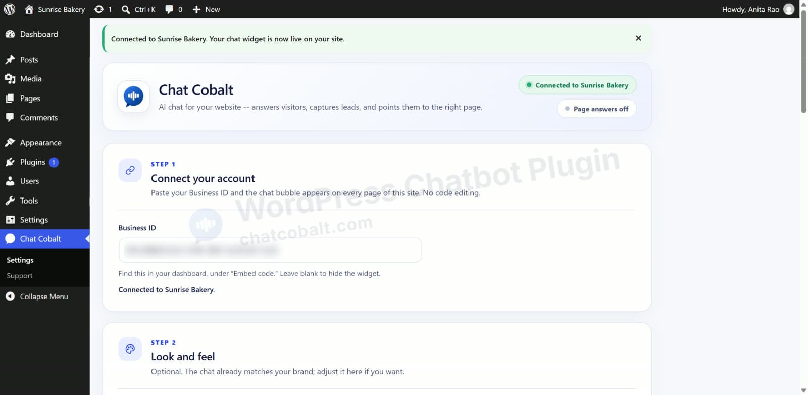 Chat Cobalt WordPress plugin connected: your AI chat widget is now live on your site