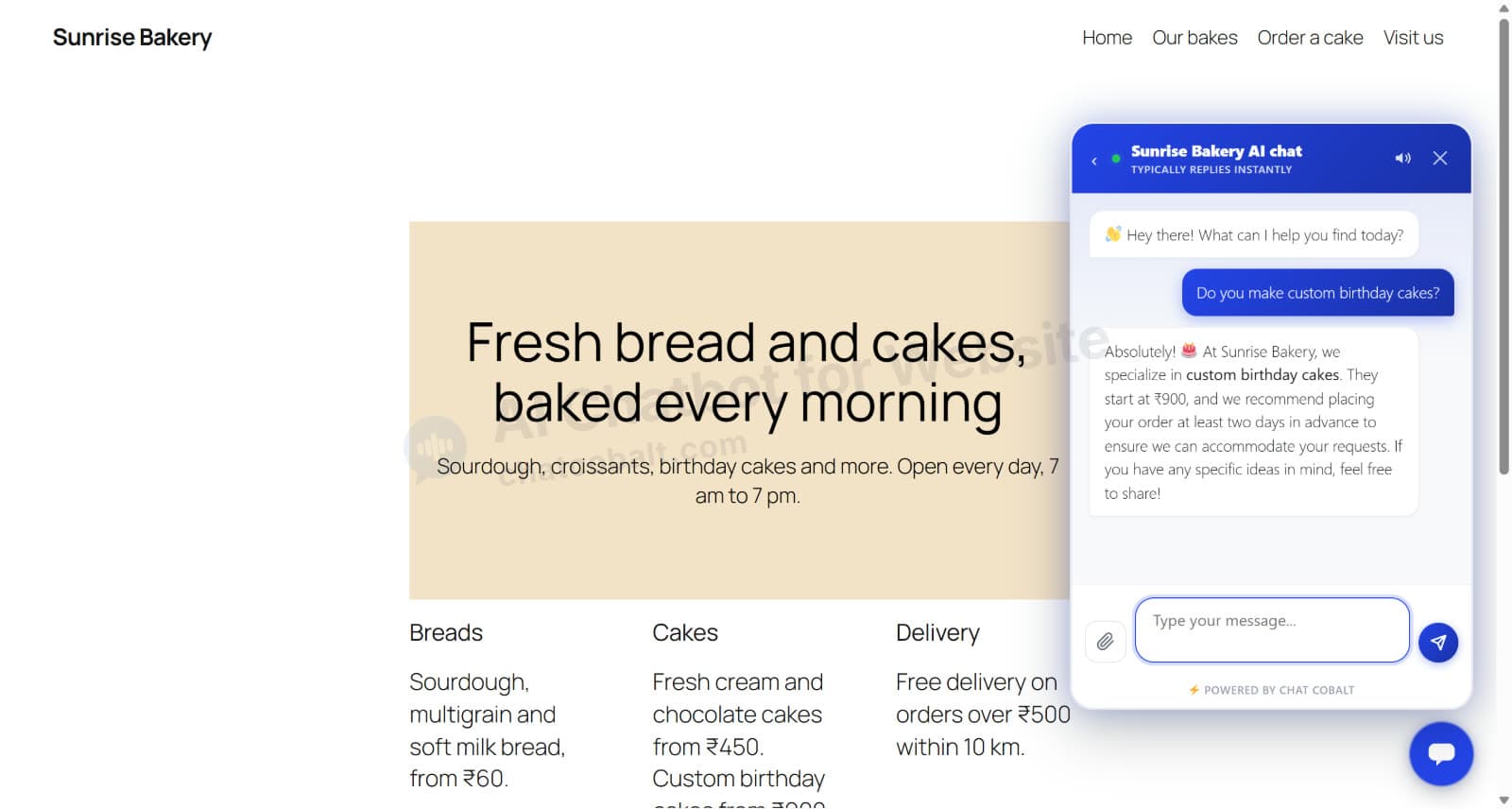 AI chatbot on a WordPress website answering a customer's question with the business's own prices