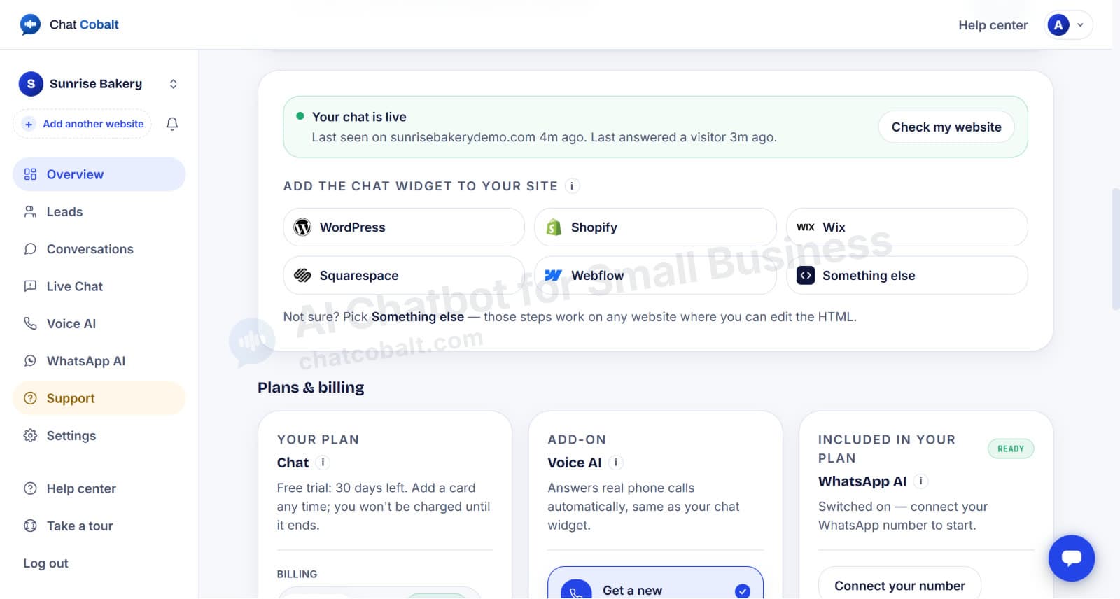 Chat Cobalt dashboard confirming your chat is live on your website