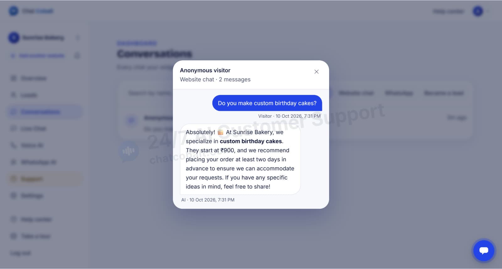 Every AI chatbot conversation saved in the Chat Cobalt dashboard
