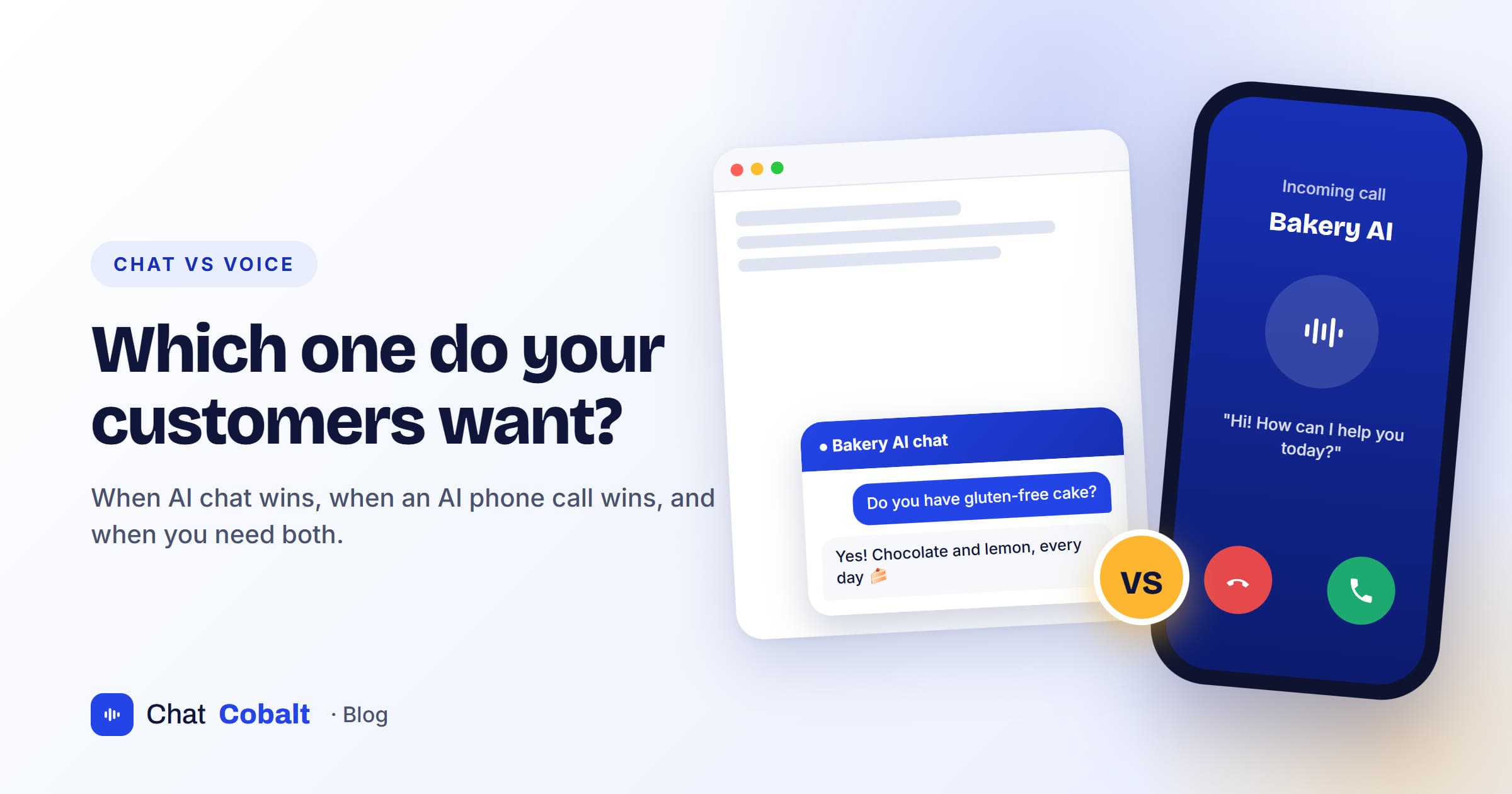 A website chat window answering a question next to a phone showing an incoming AI voice call