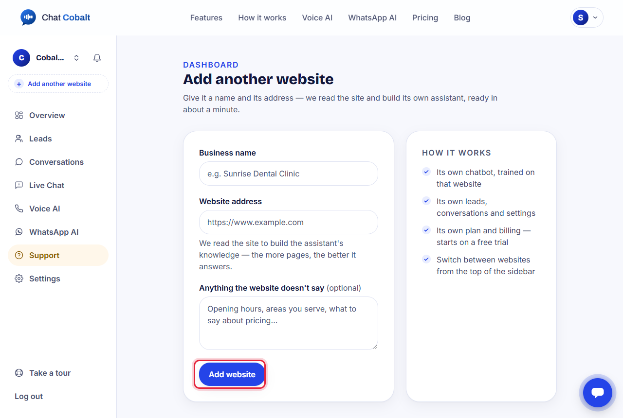 The 'Add another website' page