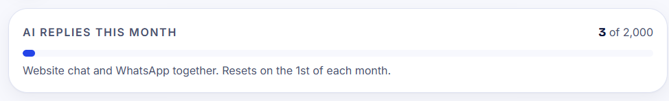 The 'AI replies this month' bar on the dashboard