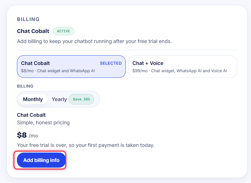 The Billing box with the plan choice and the Add billing info button