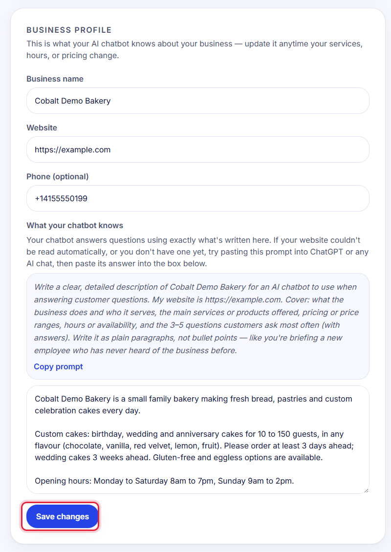 The 'What your chatbot knows' box on the Settings page