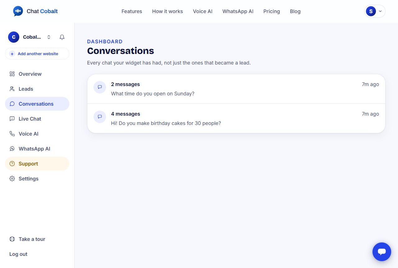 The Conversations page listing chats with website visitors