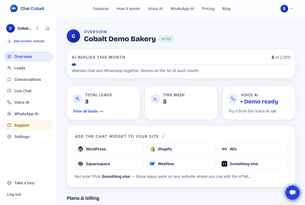 The Chat Cobalt dashboard Overview page with the menu on the left