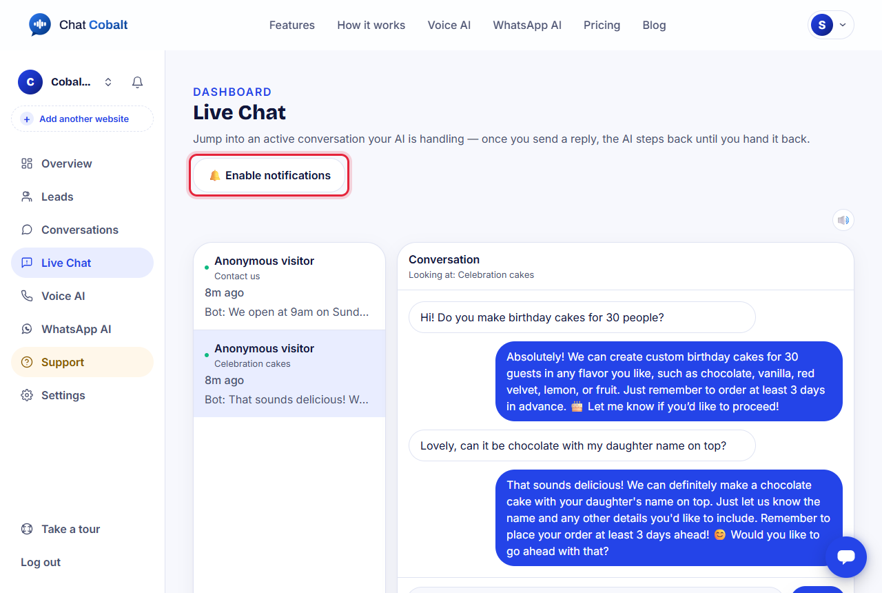 The Live Chat page with a chat open and a reply box