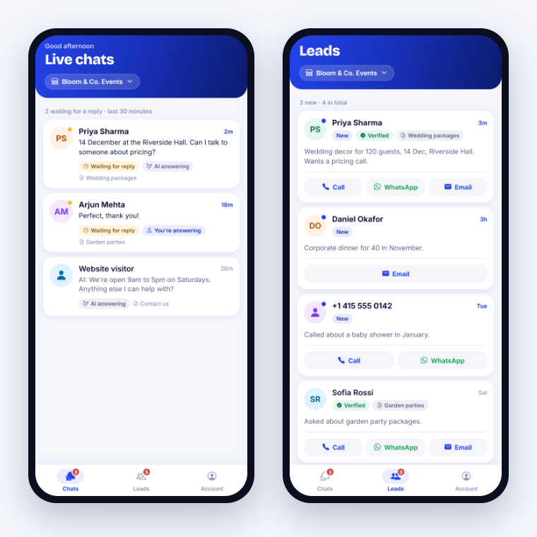 The Chat Cobalt mobile app showing live chats