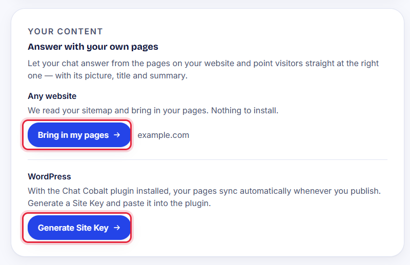 The 'Answer with your own pages' box with the 'Bring in my pages' button