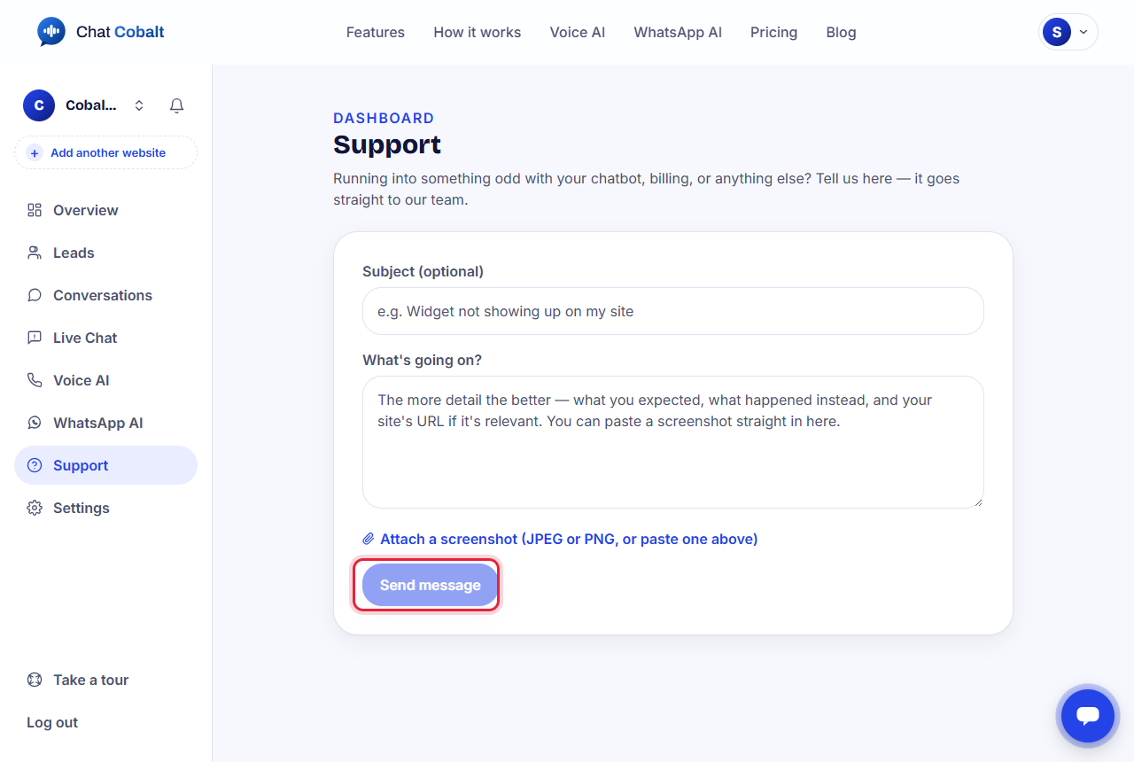 The Support page with a message box