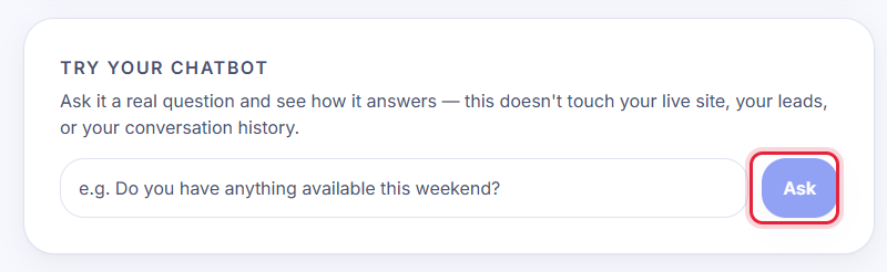 The 'Try your chatbot' box where you can ask a test question